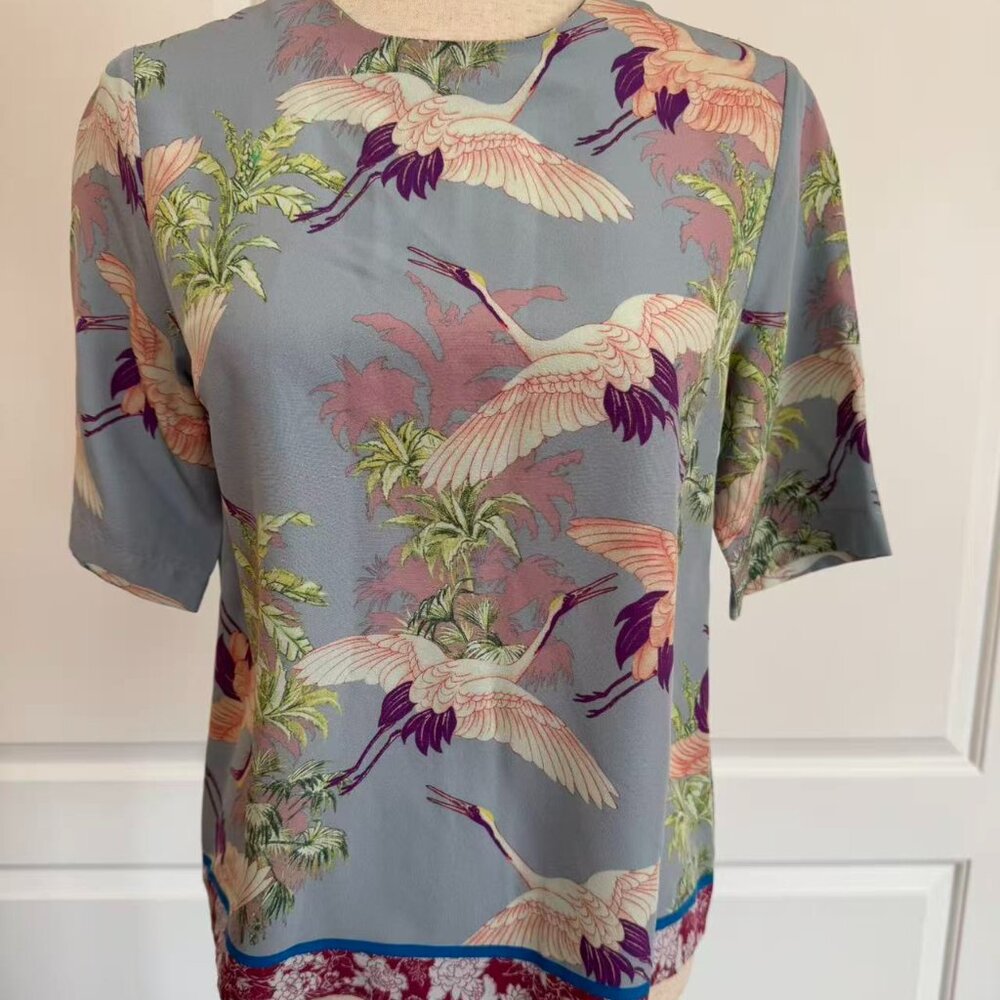 100% Authentic Etro Crane pattern Silk top, Sz 42